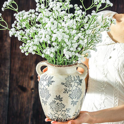Enra Vintage vase with Handle,Blue and White Ceramic Decorative Flower vase, Chinoiserie Floral Vase,Large Rustic Vases for Home Decors, Living Room, Bookshelf, Office,7.8 in