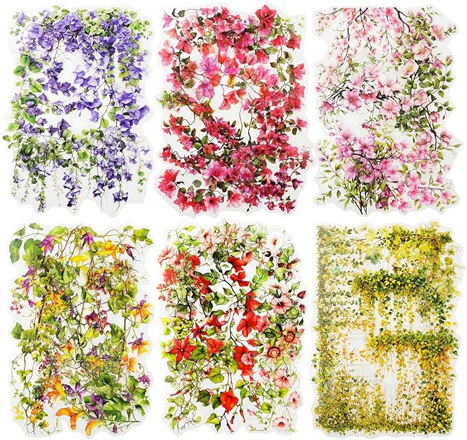 Floral Vine PET Stickers – 60PCS Vintage Botanical Design, Waterproof & Pre-Cut, Large Size for Journals, Junk Journals, Scrapbooking, and Craft