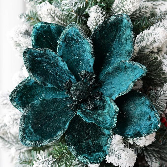 8 Pcs Large Christmas Flower Magnolia Flowers Christmas Tree Decoration Artificial Poinsettia Stems Velvet Xmas Ornaments for Xmas Tree Table Decor(Peacock Green,12 Inch)