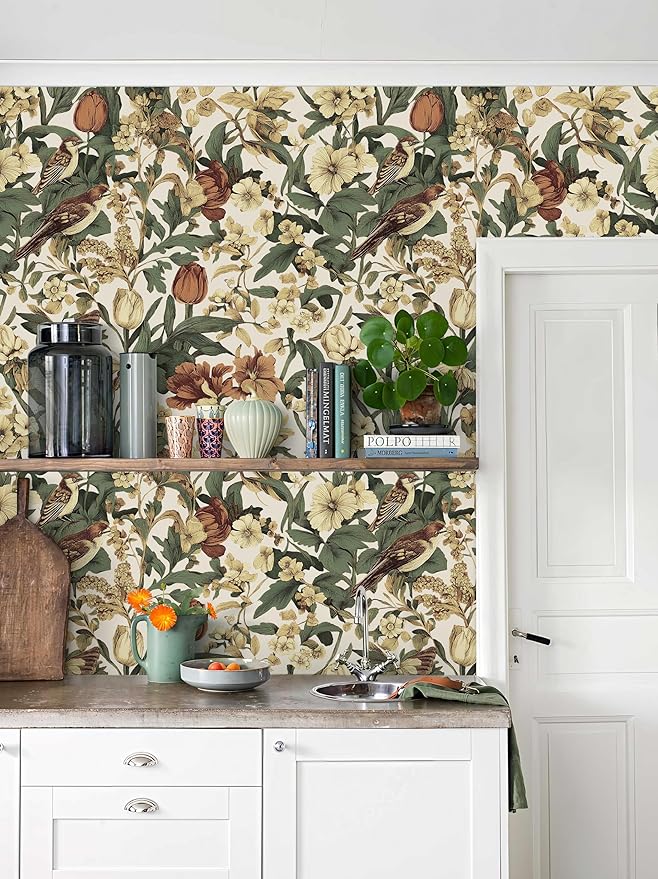 Erfoni 17.3" x 394" Birds Floral Peel and Stick Wallpaper Vintage Contact Paper for Livingroom Boho Floral and Leaf Self Adhesive Wall Paper Retro DIY Removable Wallpaper Vinyl Roll Beige