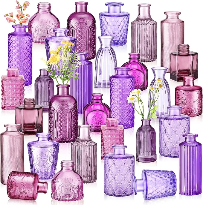 Yaomiao 30 Pcs Vases Bulk Colored Flower Glass Christmas Vases Bud Vintage Colored Glass Bottles Colorful Rustic Embossed for Home Wedding Table Decorations Gifts(Purple Series)