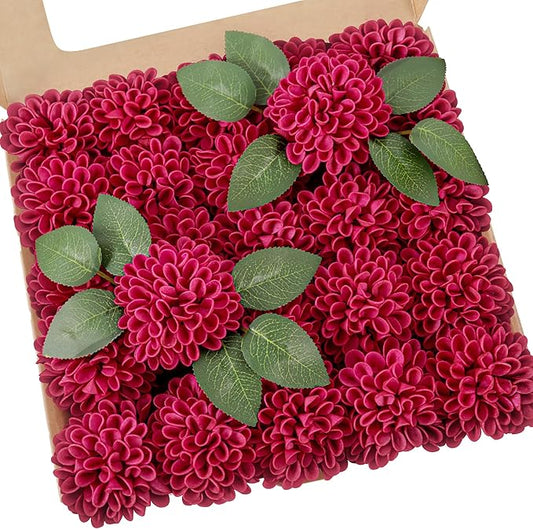 Artificial Flowers, 25pcs Artificial Rose for DIY Wedding Bouquets Centerpieces Arrangements, Hot Pink Dahlia Flowers with Stems for Bridal Shower Party Decoration