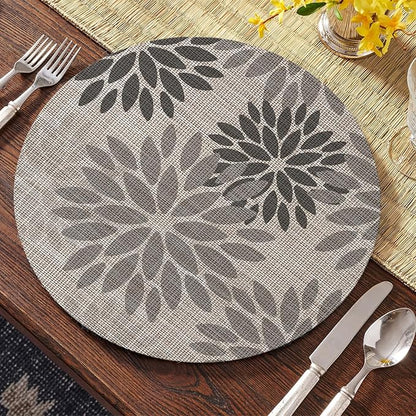 Artoid Mode Gray Dahlia Plastic Round Placemats Set of 4, 14 Inch Seasonal Wipeable Woven Vinyl Table Mats for Farmhouse Party Kitchen Dining Decor