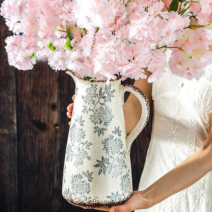 Enra Blue and White vase with Handle,12.2 inch Ceramic Vintage Decorative Flower Pitcher vase, Chinoiserie Floral Vase,Large Rustic Vases for Home Decors, Living Room, Bookshelf, Office