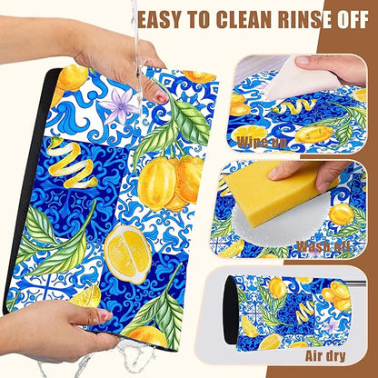 Lemon and Blue Tile Dish Drying Mat for Kitchen Counter Coffee Mat Hide Stain Absorbent Rubber Backed Dish Drainer Rack Pad Espresso Machine Coffee Bar Accessories 15.7 x 23.6 Inch