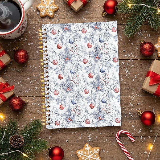 VIIJJUE Chinoiserie Christmas Ball Tree Notebook Journal, Vintage French Country Toile de Jouy Journal, Xmas Red Holiday Hardcover Spiral Notebooks, 5.5x8.3 Inch-02