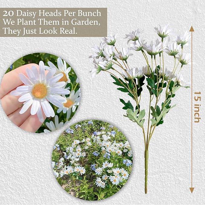 5 Bunches 16 inch - Realistic White Artificial Silk Daisy, Faux Wildflowers Bouquets with Stems for DIY Flower Arrangement Home Garden Wedding Decoration