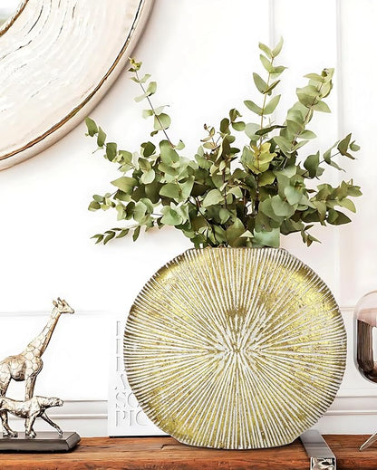 Gold Metal Vase for Home Decor – 11.4" x 10.2" Modern Decorative Vase for Pampas Grass, Artificial Flowers & Dried Bouquets – Elegant Textured Flower Vase for Living Room, Bedroom & Office