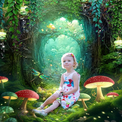 Riyidecor Fairy Backdrop Polyester Fabric Green Fantasy Enchanted Wonderland Woodland Princess Mushroom Dreamland Plant Trees 5W*7H Feet Pretty Photography Background Birthday Photo Studio Shoot