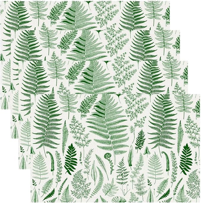 Vintage Leaves Placemats Set of 8, 17x12 Inch Green Boho Abstract Aesthetic Tropical Botanical Leaves Modern Art Printed Table Mats for Home Party Kitchen Dining Decor
