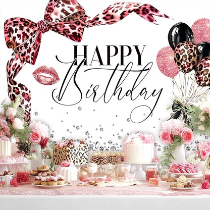 Pink Leoprad Bow Backdrop 7Wx5H Photography Happy Birthday Girls Lips Dimonds Black Brown Bowknot Balloons Background Fashion Elegant Bday Party Decorations Banner Photo Booth Props Supplies