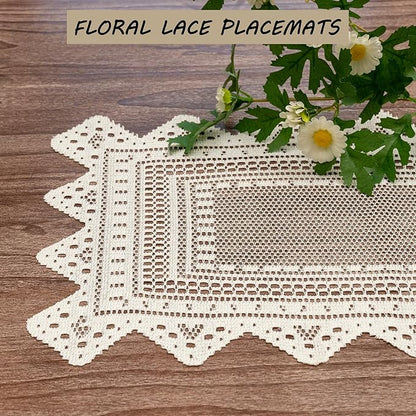Jayla 2 Pcs Rectangle Lace Placemats for Tables Embroidered Lace Tablemats Vintage Crochet Floral Table Runner Vintage Wedding, Tea Party Decor,12x17 Inch