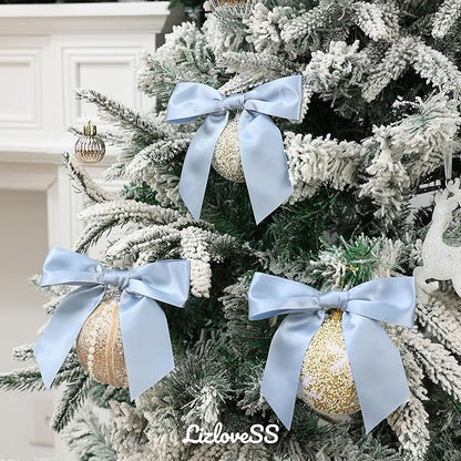 Dusty Blue Satin Ribbon Twist Tie Bows 5 Inch Pre-Tied Blue Gift Bows for Crafts, Treat Bags, Party Favors, Wedding, Baby Shower, Candy Apple, Christmas Tree (36 Pack)