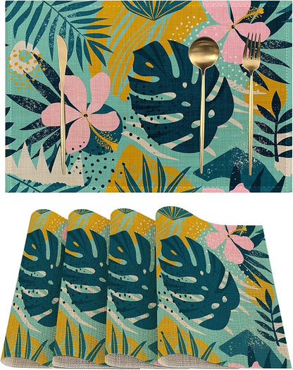 Boho Foliage Botanical Placemats Set of 4, Tropical Palm Leaves and Floral Place Mats Heat Resistant Washable Non-Slip Table Mats for Party Kitchen Dining Decor 12x18 Inch