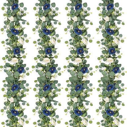 TOCHGREEN 4 Pack Artificial Eucalyptus Flower Garland with White and Blue Roses, Fake Rose Flower Greenery Garland Floral Vines for Wedding Home Party Table Runner Decor (Blue White, 4PCS)