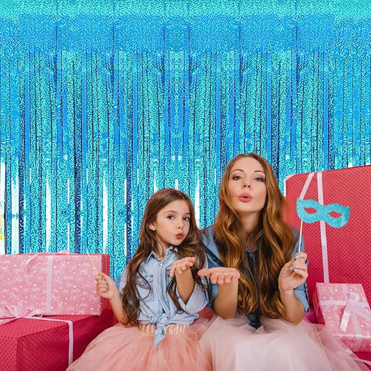2 Pack 3.2ft x 8.2ft Blue Foil Fringe Curtains Photo Backdrop Party Decorations, Metallic Tinsel Foil Fringe Streamer Curtain for Party Door Wall Curtain Bachelorette Christmas New Year Decorations
