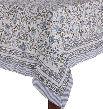ATOSII Mahoka Blue 100% Cotton Fall Tablecloth, Handblock Floral Linen Table Cloth for Kitchen Dining Table I Parties Weddings Outdoors Easter Valentine's Gift I 60 X 90 Inches I 6 Seater