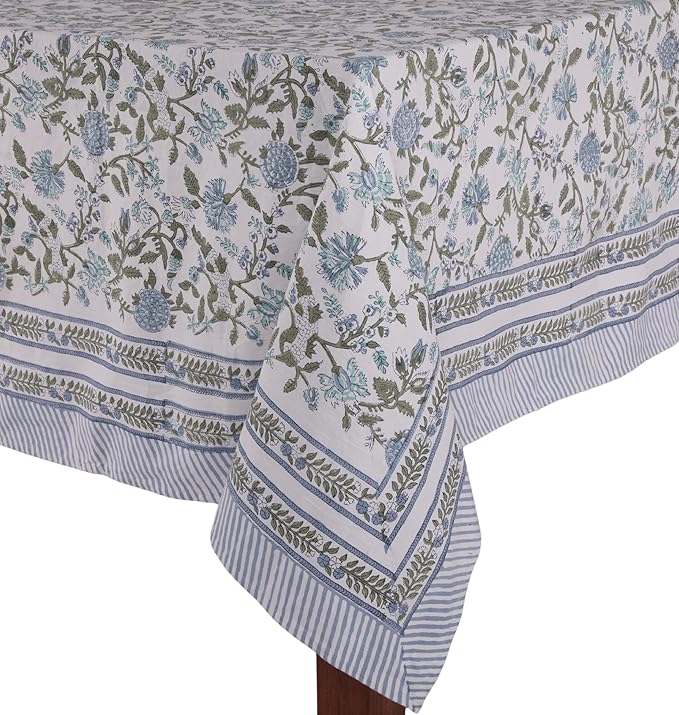 ATOSII Mahoka Blue 100% Cotton Square Fall Tablecloth, Handblock Floral Linen Table Cloth for Kitchen Dining Table I Parties Weddings Outdoors Easter Valentine's Gift I 60 X 60 Inches I 4 Seater