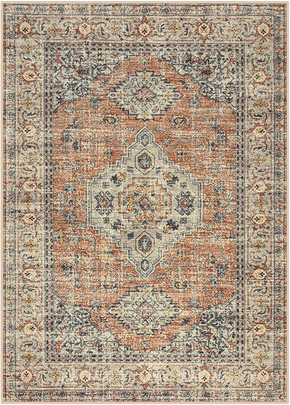 Lahome Oriental Washable Rug, 3x5 Rugs for Bedroom Living Room Entryway, Vintage Ultra-Thin Non-Slip Soft Throw Carpet for Kitchen Office Entrance, Peach/Orange