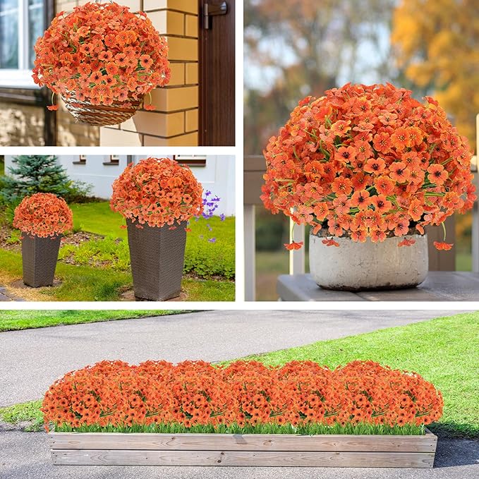 20 Bundles Fall Flowers Artificial for Halloween Decoration, Fake Flowers Faux Plants Silk Colorful Daisy Eucalyptus Realistic UV Resistant for Garden Patio Porch Box Home Decor, Orange