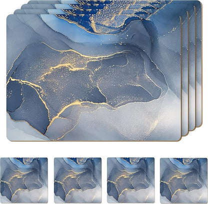 Set of 4 Heat Resistant Cork Placemats for Dining Table with Free Set of 4 Matching Drink Coasters Marble Design 16 x 12 Inches Cork Backed Hard Placemats (Blue & Gold)