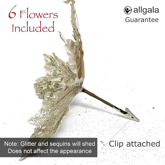 Allgala 6-PK Glitter and Sequin Decorated Fabric Poinsettia Artificial Christmas Flower with Clips-Champagne-XF93306