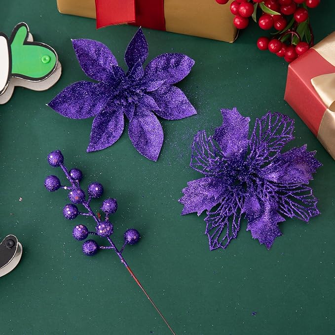 24Pcs Purple Glitter Poinsettia Christmas Tree Ornaments and Glitter Berries Stems, 16Pcs Christmas Artificial Flowers and 8 Pack Christmas Tree Picks for Wedding Xmas Holiday Decorations