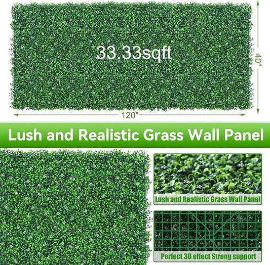 EverNture 40"x120"(33.3 SQFT) Grass Wall Panels, Artificial Grass Backdrop, Fake Greenery Plant Boxwood Roll with Flower, Green Wall Decor for Outdoor Indoor Patio Garden Backyard
