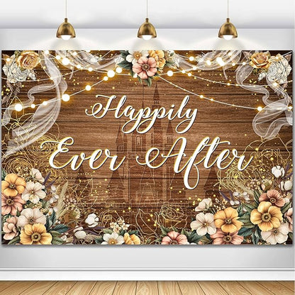 Happily Ever After Backdrop Bridal Shower Wedding Party Brown Wood Photography Background Boho Floral Golden Rose Dots Wedding Decor Banner Portrait Photo Booth Studio Props 7x5ft FU037YL