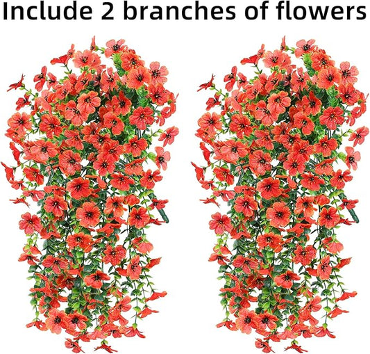 INSPRING Fall Fake Mums Artificial Flowers Hanging Decoration for Outdoors, 2Pcs Orange Daisy with Autumn Eucalyptus Leaves, Realistic Plants Decor, Silk Flower for Porch Patio Balcony Planter Yard