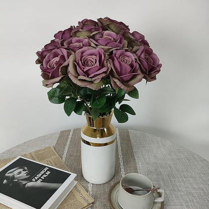 Fall Purple Satin Roses,12 Pcs Purple Roses Flowers, Silk Floral,Artificial Flowers with Stems for Wedding Arrangement Centerpieces Party Home Table Decorations,Flores Artificiales