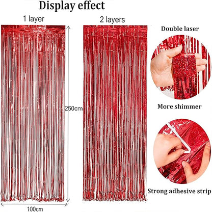 BRAVESHINE Tinsel Foil Fringe Curtains - 2 Pack 3.2 x 8.2 ft Metallic Photo Booth Streamer Backdrops for Birthdays Fiestas Melons Hawaiian Luau Tropical-Theme Christmas Party Decorations - Red Green