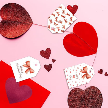 Pro Supply Global 24 Count of 2.5 Inch x 3 Inch Pre Strung Bows Valentine's Day Gift Tag Assorted Printed Designs on Large Cardstock Gift Hang Tags - Ideal to Use on Bags