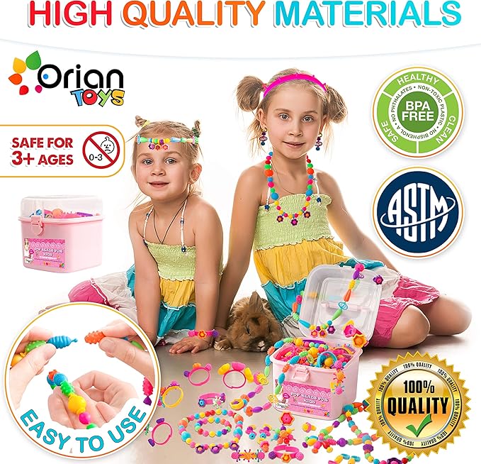 Orian Pop Beads Jewelry Kit for Girls – 550+ Colorful Snap Beads to Create Bracelets, Necklaces & Rings, Fun DIY Set with Unicorn Gift Bag, Ages 3+