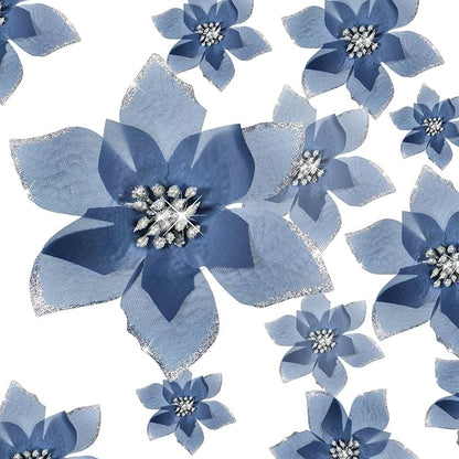 WILLBOND 24 Pcs 3 Size Poinsettia Flower Artificial Christmas Decor Glitter Poinsettia Christmas Ornaments Faux Flowers for Xmas Tree Outdoor(4/6/7.9 Inches,Dusty Blue)