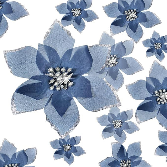 WILLBOND 24 Pcs 3 Size Poinsettia Flower Artificial Christmas Decor Glitter Poinsettia Christmas Ornaments Faux Flowers for Xmas Tree Outdoor(4/6/7.9 Inches,Dusty Blue)