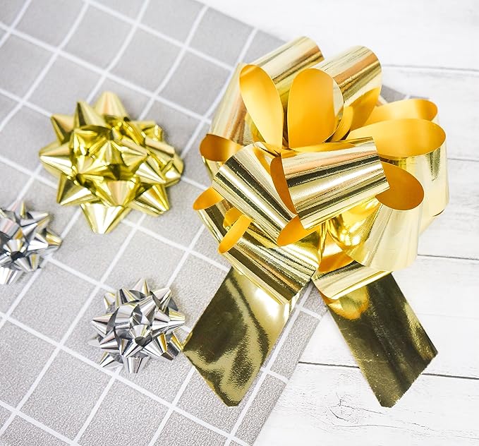 CT CRAFT LLC Gift Bows 22 PCS Set Multi Colored Assorted - Bow x 18 pcs + Kegg Roll x 4 pcs - Silver/Gold, Holiday Christmas Birthday Party Wrapping