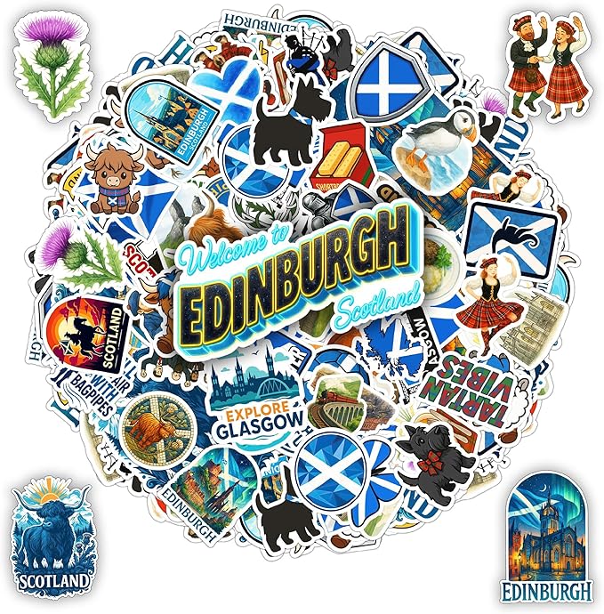 100 PCS Scotland Stickers Pack, Vinyl Waterproof Decals of Edinburgh Glasgow Highland Cow Castles and Scottish Symbols, Travel Souvenir Gift for Teens Adults Scrapbook Laptop Water Bottle