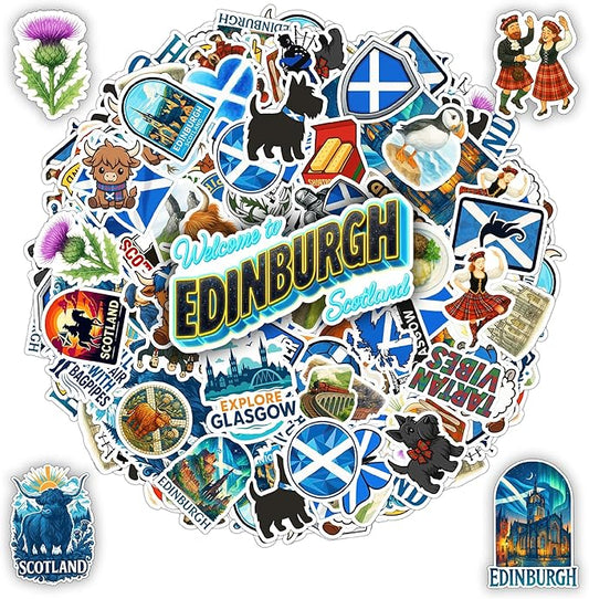 100 PCS Scotland Stickers Pack, Vinyl Waterproof Decals of Edinburgh Glasgow Highland Cow Castles and Scottish Symbols, Travel Souvenir Gift for Teens Adults Scrapbook Laptop Water Bottle