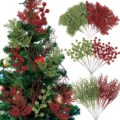 75 Pcs Christmas Glitter Branches 3 Styles Artificial Christmas Picks Berries Stems Pine Needles Floral Twig Spray for Xmas Tree Ornaments DIY Wreath Garland(Red, Green)