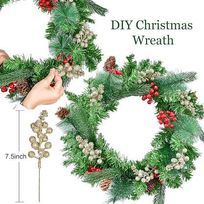 Lvydec 16pcs Christmas Glitter Berries Stems, 7.8" Artificial Christmas Picks for Christmas Tree Ornaments, DIY Xmas Wreath, Crafts, Holiday and Home Decor (Champagne)
