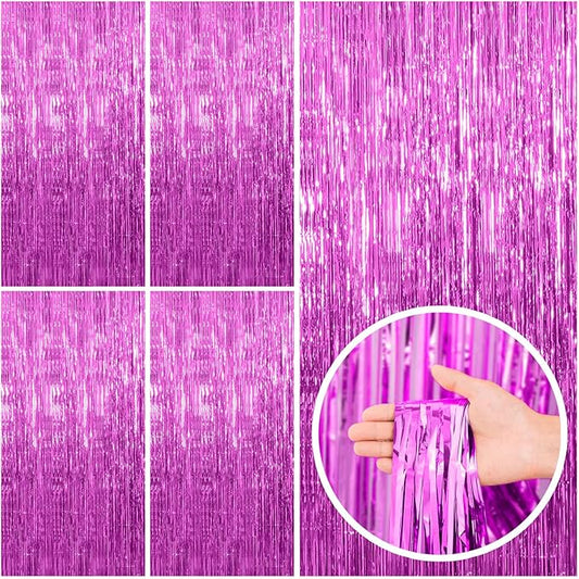 5 Pack Hot Pink Party Decorations - Tinsel Curtain Streamers Foil Fringe Backdrop for Birthday, Christmas, Bachelorette, Graduation, Fiesta Photo Booth