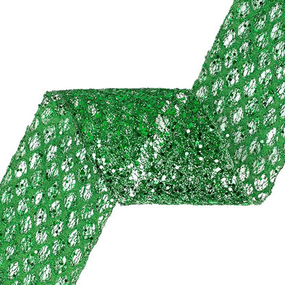 VATIN 4" Green Christmas Ribbon, Green Glitter Mesh Diamond Web Sequin Dots Wired Christmas Ribbon for Gift Wrapping Bow Making Wreath Supply-10 Yards