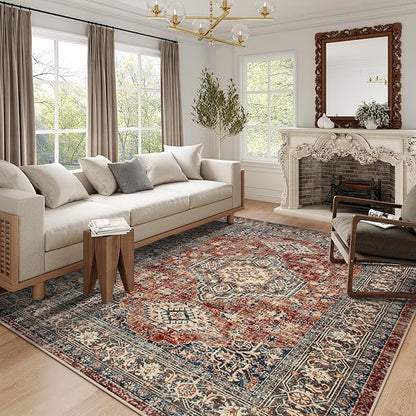 Lahome Oriental Washable Rugs 8x10, Non-Slip Soft 8x10 Rugs for Living Room Bedroom, Stain Resistant Ultra-Thin Vintage Accent Carpet for Dining Room Office, Brick Red