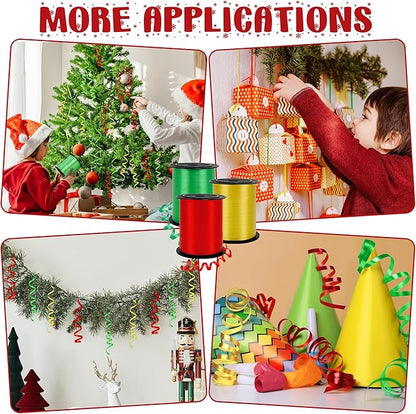 600 Yards Christmas Ribbon Curling, 3 Rolls Christmas Party Decorations, 1/5 Inches Holiday Ribbon, Plastic Ribbons for Crafts Present Wrapping Green Gold Red Curling Ribbon Party Balloon String