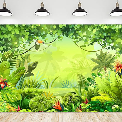 Riyidecor Jungle Safari Backdrop Fabric Polyester Green Animation Kids Rainforest Cartoon Photography Background 7Wx5H Feet Animal Decoration Celebration Props Party Photo Shoot Baby Shower Table