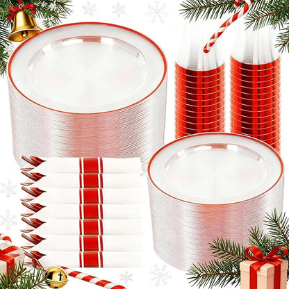 SUT 350 Pcs Red and Clear Plastic Dinnerware Set for 50 Guests, Include: 50 Dinner Plates, 50 Dessert Plates, 50 Pre Rolled Napkins With Silverware, 50 Cups, Disposable Plates for Party, Christmas