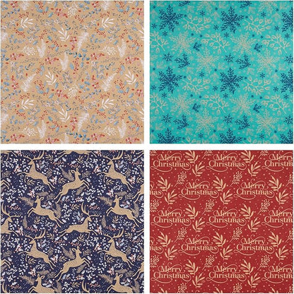 RUSPEPA Christmas Kraft Wrapping Paper - Reindeer, Berry Leaf and Text Design - 4 Rolls - 30 inches x 10 feet per Roll
