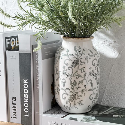 SIDUCAL Ceramic Vintage Vase, 8.78 Inch Chinoiserie Floral Vase, Retro Ice Cracked Rustic Farmhouse Vases for Home Decor, Living Room, Bookshelf, Office, Tuscan Decor, Gray Floral Pattern