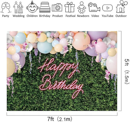 Riyidecor Green Leaves Happy Birthday Backdrop Polyester Fabric for Women Girls Neon Balloons Flower Wall Spring 7Wx5H Feet Rustic Plant Botanical Photography Background Birthday Photo Studio Shoot